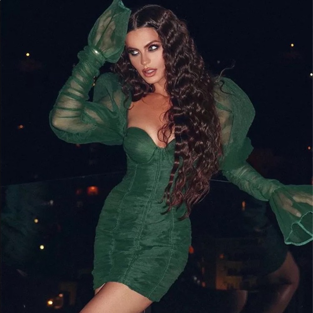 Emerald Mesh-Sleeve Corset Mini Dress | Luxe Holiday / NYE / Party Dress –Size M - Picture 10 of 16